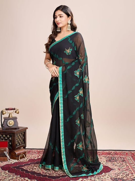 Black Designer Embroidery Work Georgette Saree