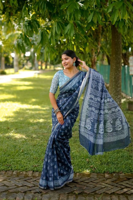 Blue Designer Digital Printed Cotton Saree