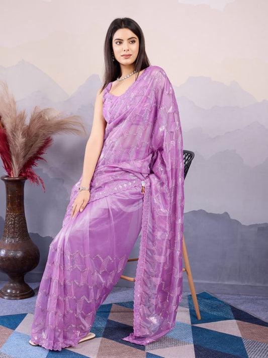 Purple Twill Net Designer Sequins Embroidery Work Bollywood Style Partywear Saree