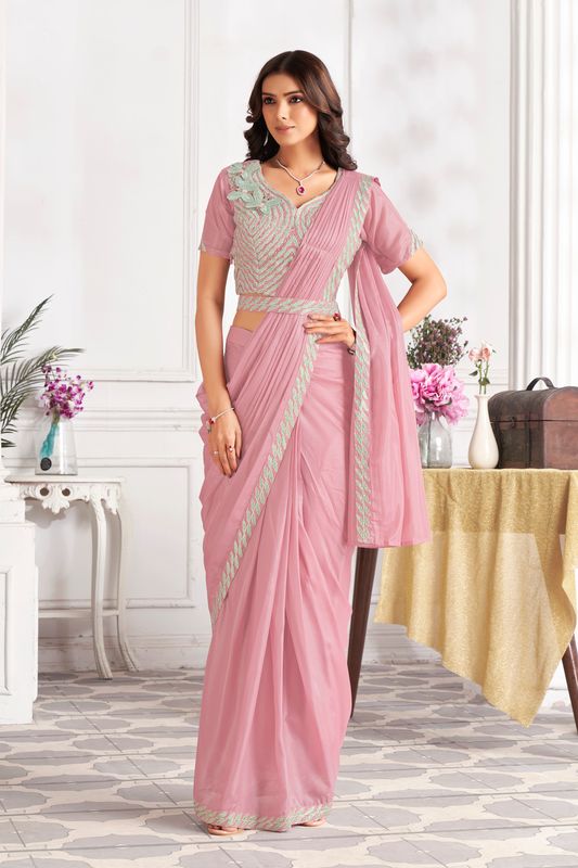 Pink Designer Sequance Embroidery & Hand Work Satin Silk Saree