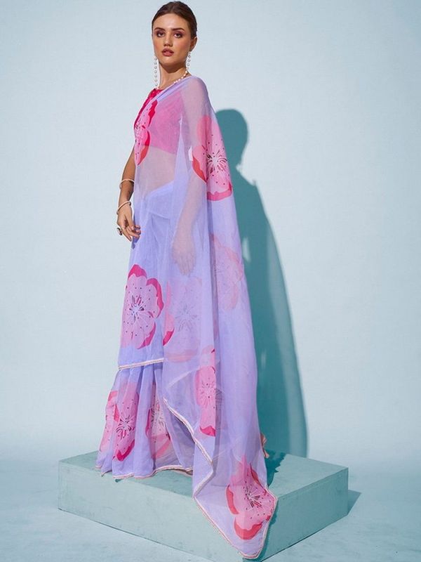Sky Blue Color Organza Fabric Designer Printed Graceful Bollywood Style Party Saree