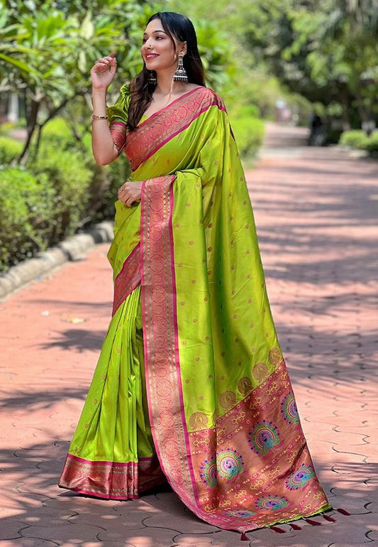 Green Paithani Silk Traditional Rich Traditional Wear Wevon Meenakari Designer Saree