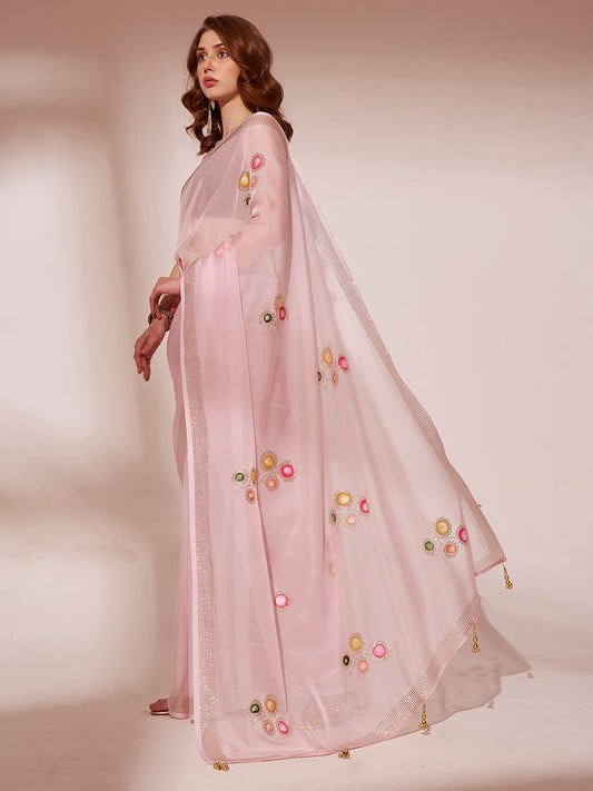 Pink Designer Brush Printed Blooming Organza Saree