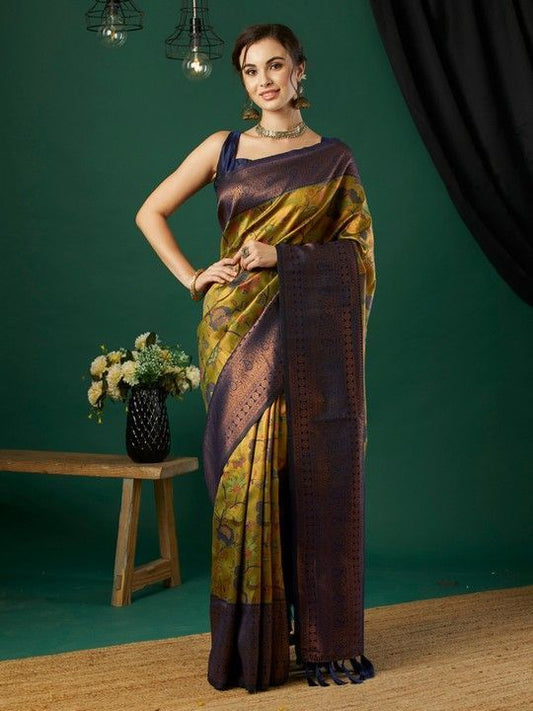 Parrot Green Banarasi Woven Saree With Tassels on Pallu and Stitched Navy Blue Blouse