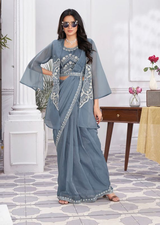 Grey Designer Sequance Embroidery & Hand Work Organza Saree