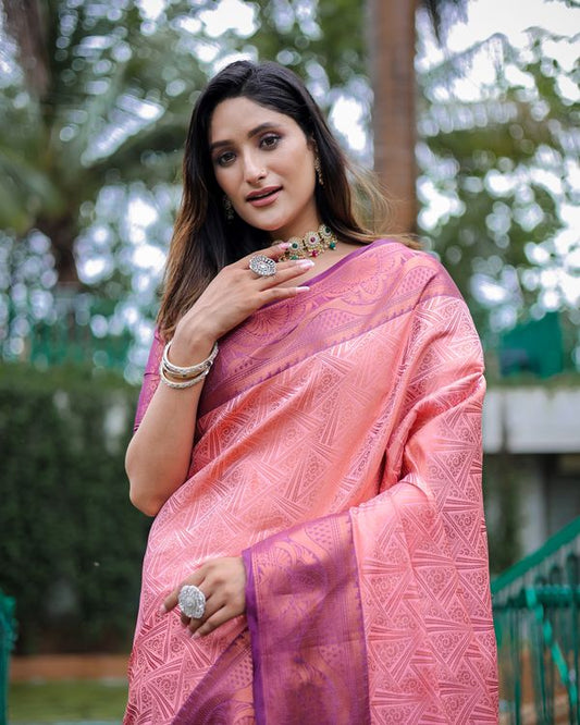 Pink Wevon Copper Jari Designer Kanjivaram Silk Saree