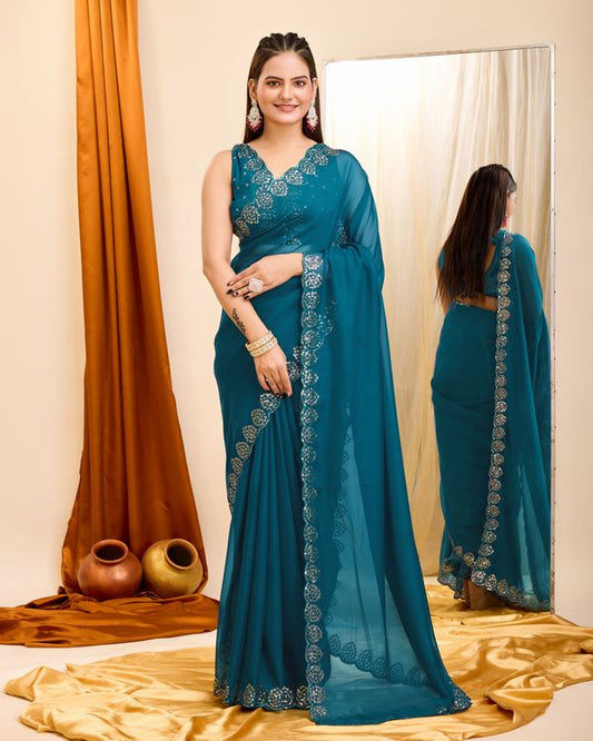 Teal Blue Designer Sequance Embroidery Work Georgette Saree