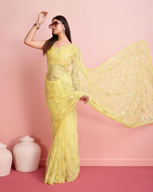 Yellow Sequance Embroidery Work Soft Net Saree