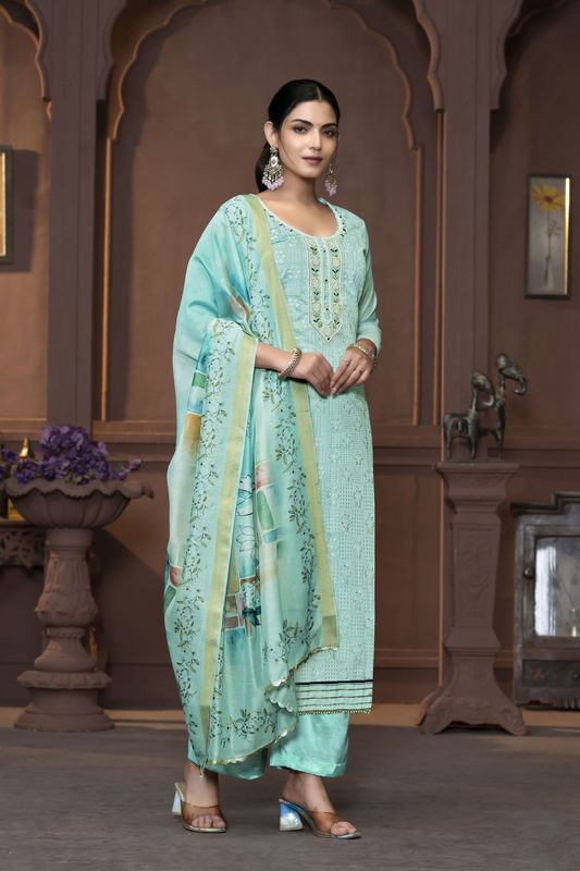 Sea Green Modal  Designer Printed With Hand Work Heavy Looks Traditional Salwar Suit For Indian Girls