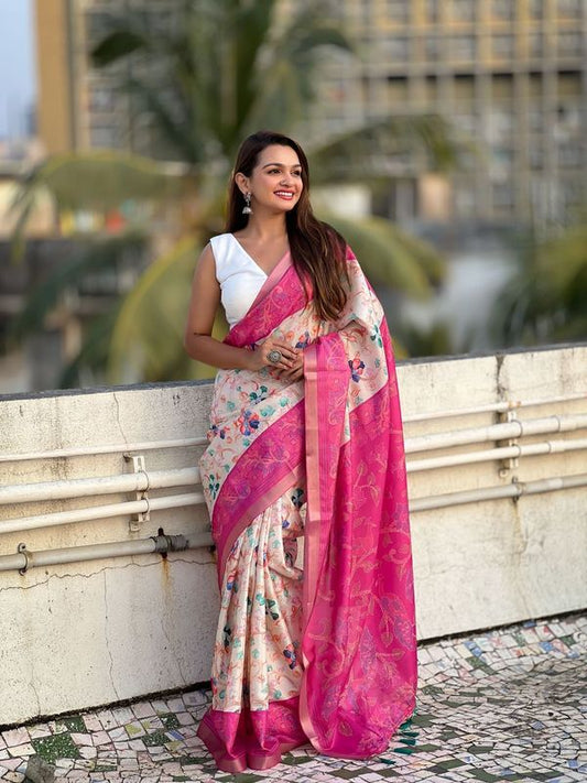 Pink Color Tussar Silk Ethnic Wevon Jari Designer With Kalamkari Printed Saree