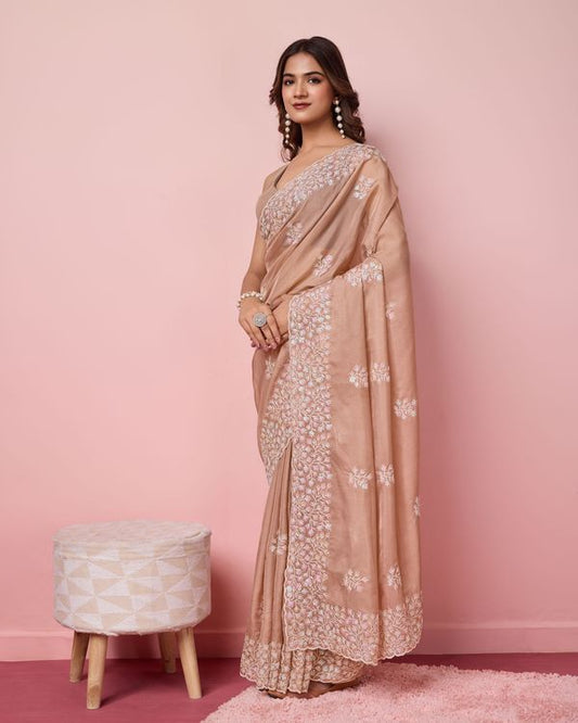 Beige Sequance Embroidery Work Tabby Silk Saree