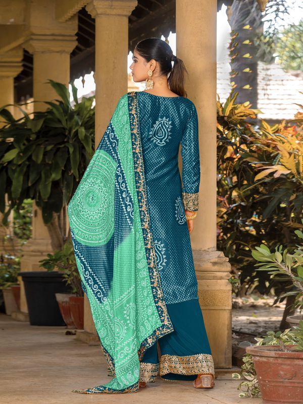 Teal Chinon Bandhani Printed Heavy Salwar Kameez With Jari And Mirror Embroidery Work