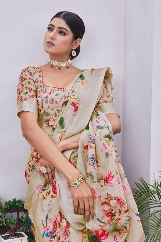 Beige Digital Printed Designer Linen Blend Saree