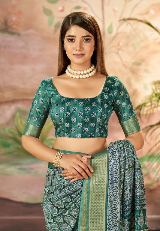 Mineral Green Wevon Border Designer With Printed Dolla Silk Saree