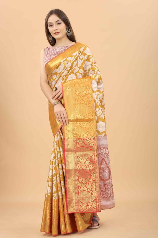 Yellow Women's Zari Tissue Silk Bland Saree