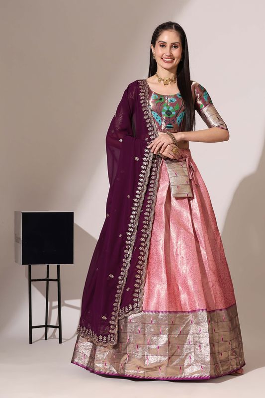 Light Pink Jacquard Jacquard Work Lehenga