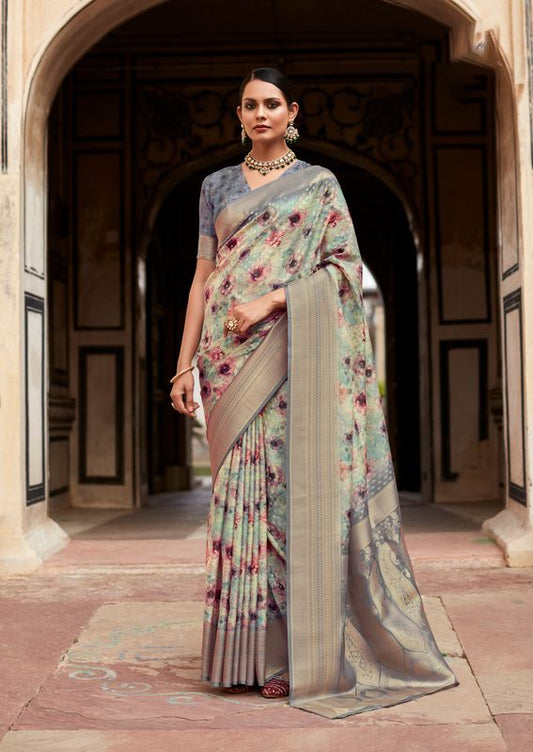 Grey Weaving Border Designer & Digital Printed Tissue Silk Saree