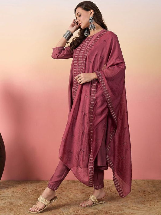 Peach Color Beautiful Woven Silk Readymade Suit with Festive Thread Embroidery Work