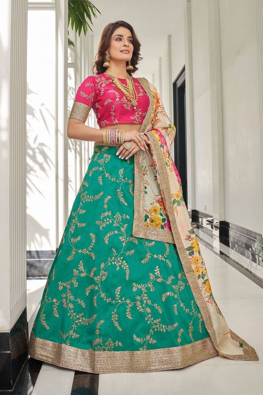 Green and White Women's Art Silk Embroidery Lehenga Choli