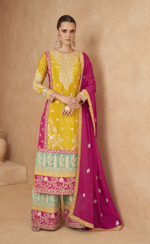 Yellow Chinon Fabric Heavy Embroidery Work Ethnic Salwar Kamez