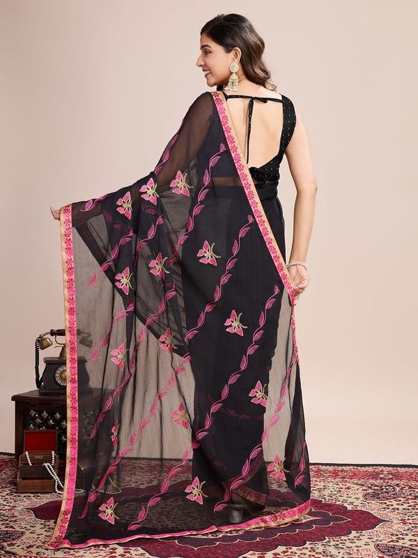 Black Designer Embroidery Work Georgette Saree