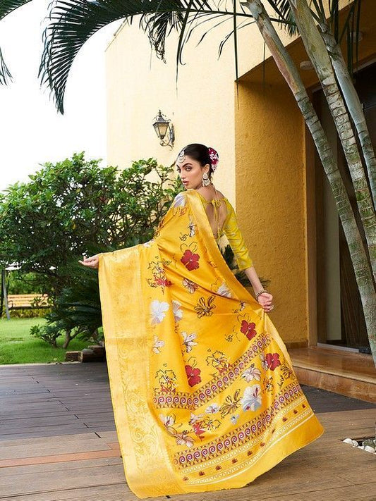 Yellow Crepe Printed Saree and Stitched Yellow Blouse