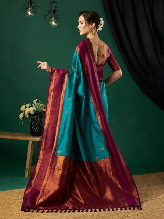 Aqua Banarasi Silk Woven Saree With Tassels on Pallu and Stitched Wine Blouse