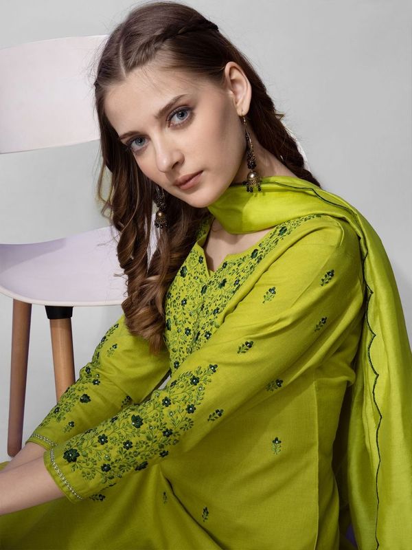 Parrot Green Color Cotton Blend Readymade Dress With Designer Embroidery Work