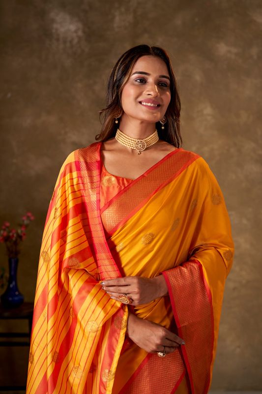 Mustard Cotton Woven Saree and Stitched Orange Blouse