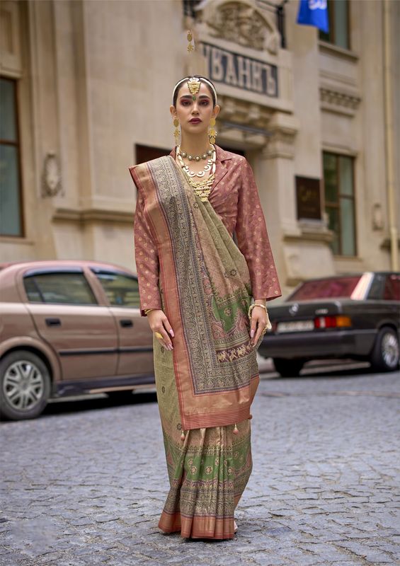 Beige Weaving Jari Designer & Printed P V Silk Saree