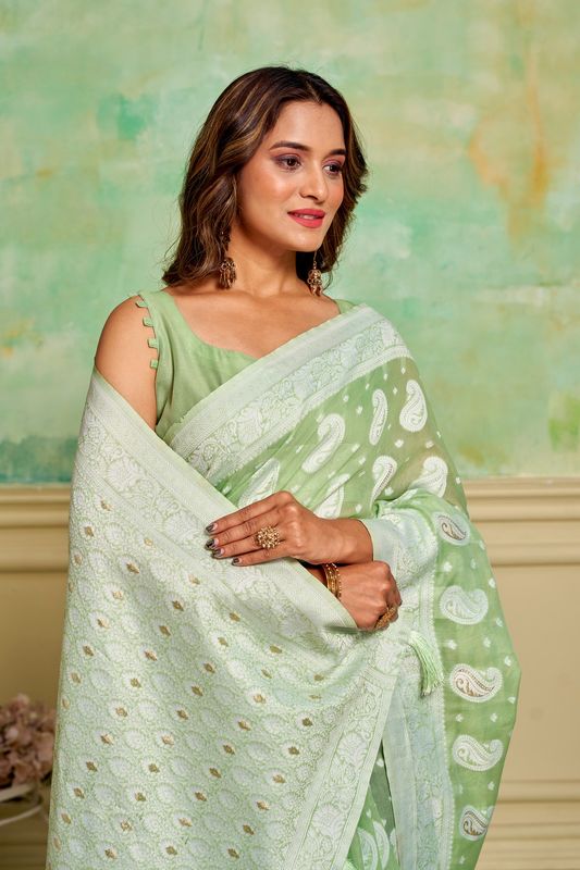 Pista Cotton Woven Saree With Tassels on Pallu and Stitched Pista Blouse