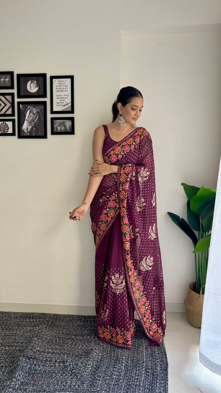 Wine Georgette Bollywood Style Thread And Sequance Embroidery Work Girlie Saree