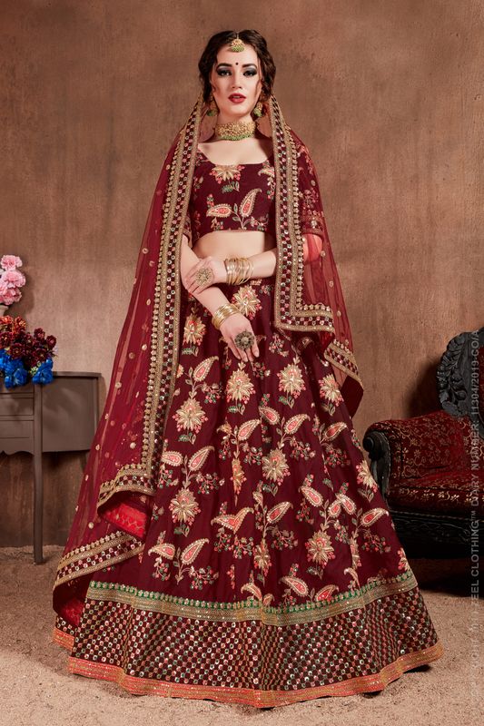 Dark Maroon Women's Taffeta Silk Embroidery Lehenga Choli