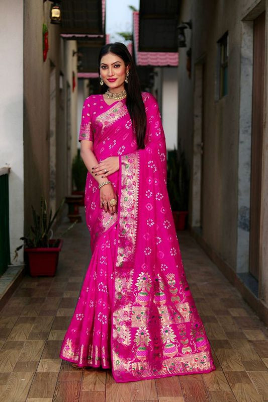 Burgundy Wevon Matka Border & Pallu Designer & Bandhej Hand Printed Dola Silk Saree