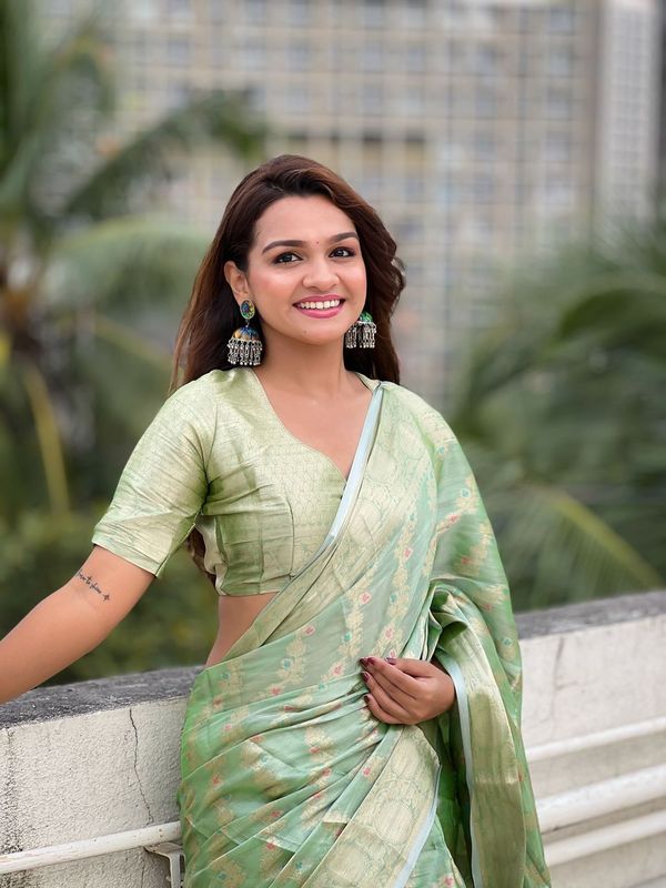 Green Color Tissue Silk Saree With Weaving Jari Meenakari Designer Looks