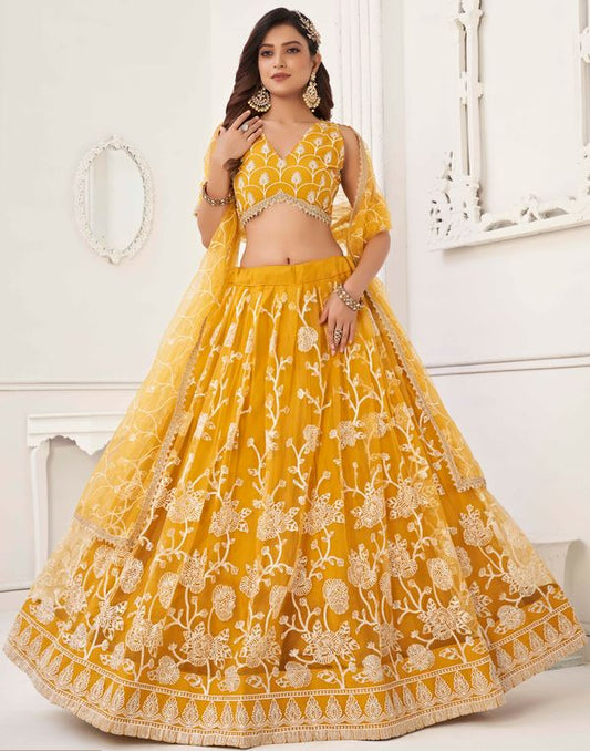 Mustard Yellow Color Net With Sequins And Thread Embroidery Work -Stitched Lehenga & Unstitched Blouse With Dupatta