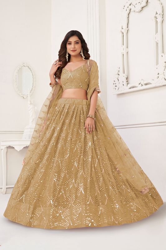 Beige Color Glamorous Heavy Embroidery Work Wedding Reception Wear Bridesmaid Lehenga