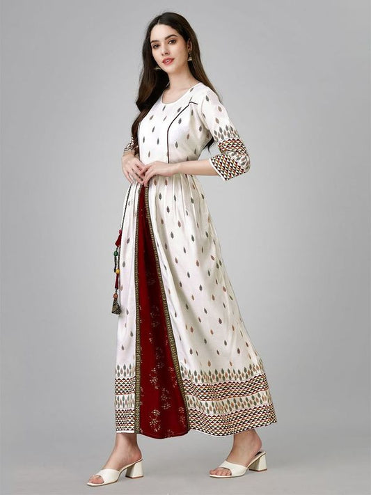 White Color Rayon Fabric Beautiful Designer Printed With Hand Work Long Kurti