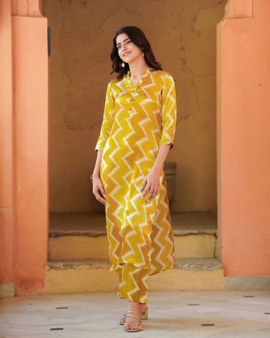 Beautiful Mustard Color Muslin Fabric Designer Readymade Top Bottom Set