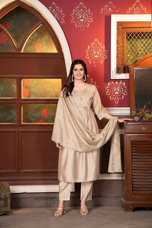 Beige Embroidered Kurta Sets