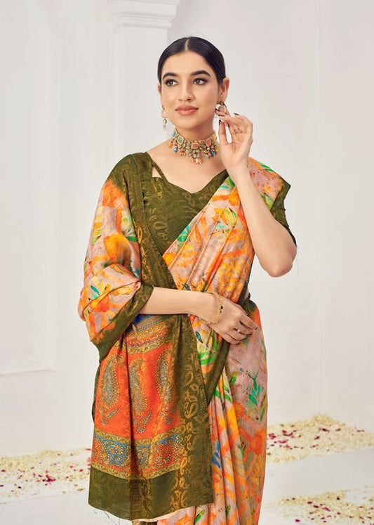 Yellow Wevon Jari Designer & Digital Printed Natural Viscose Saree