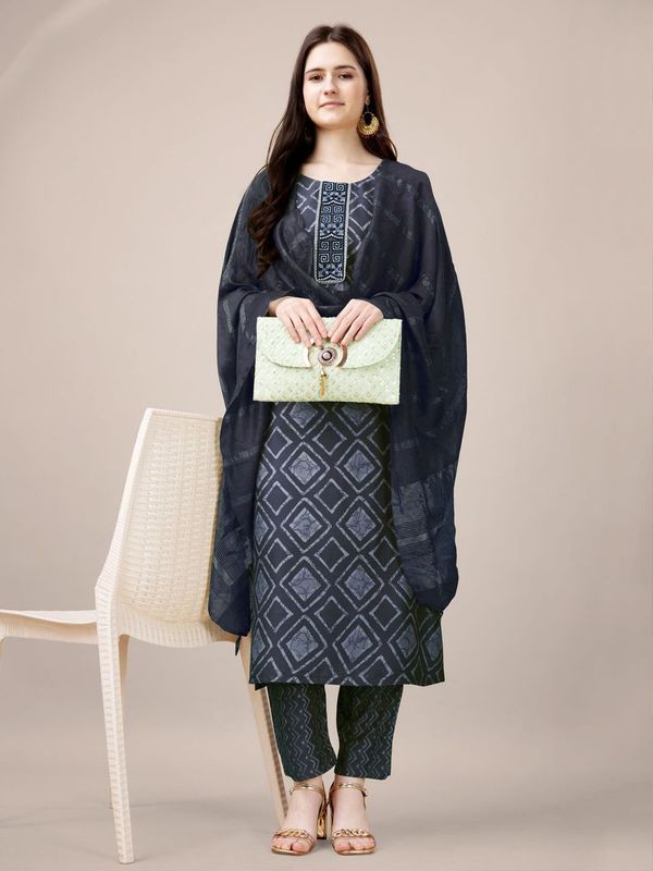 Grey Color Rayon Fabric Designer Printed Readymade Suits With Smart Embroidery Work