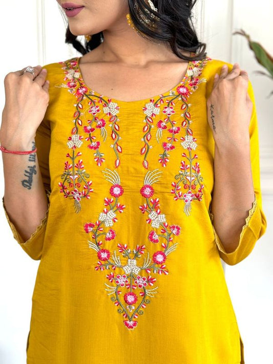 Mustard Chanderi Silk Straight Kurta