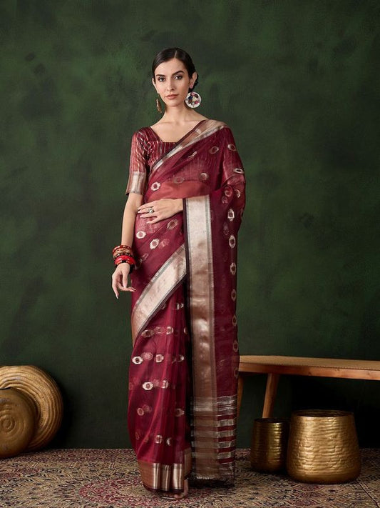 Maroon Wevon Jacquard Designer Khadi Organza Saree