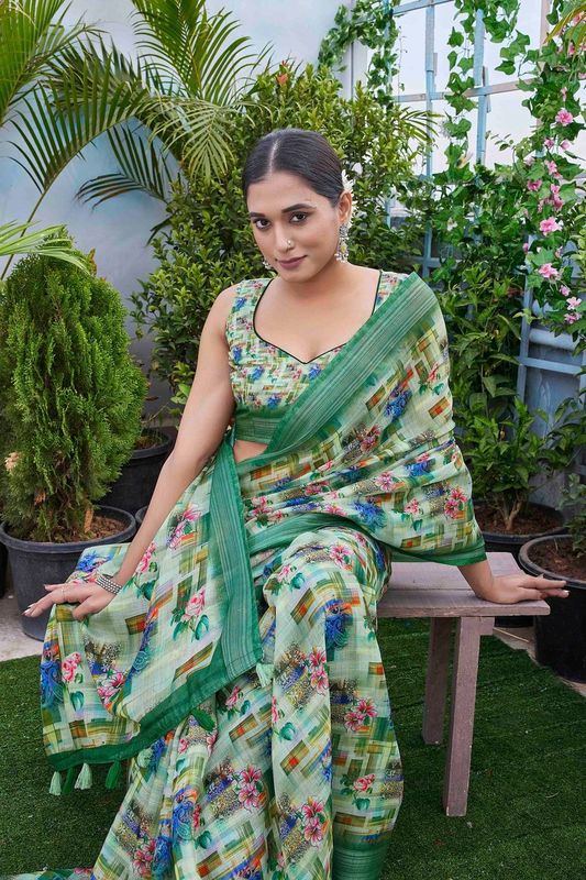 Pista Color Beautiful Fashinove Looks Smart Printed Linen Blend Saree