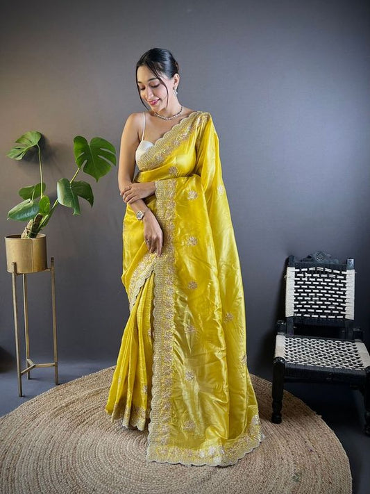 Yellow Sequance & Thread Embroidery & Cut Work Gold Crunchy Saree