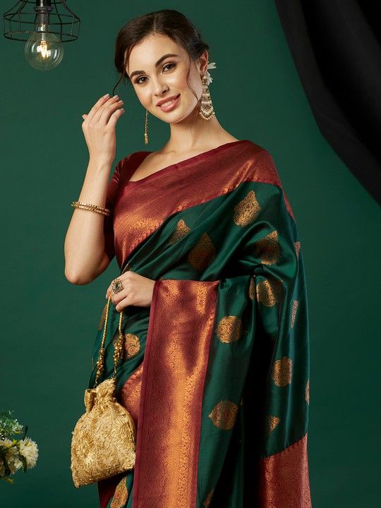 Bottle Green Banarasi Silk Woven Saree With Tassels on Pallu and Stitched Maroon Blouse