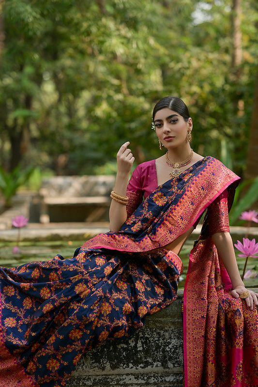 Navy-Blue All Over Flower With Jal Thread Woven Saree With Thread Woven Pallu Saree