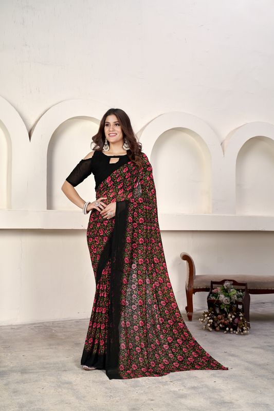 Black Designer Printed Weight Less Saree