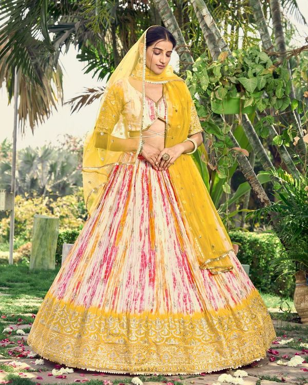 Yellow Women's Chinon Embroidery Lehenga Choli